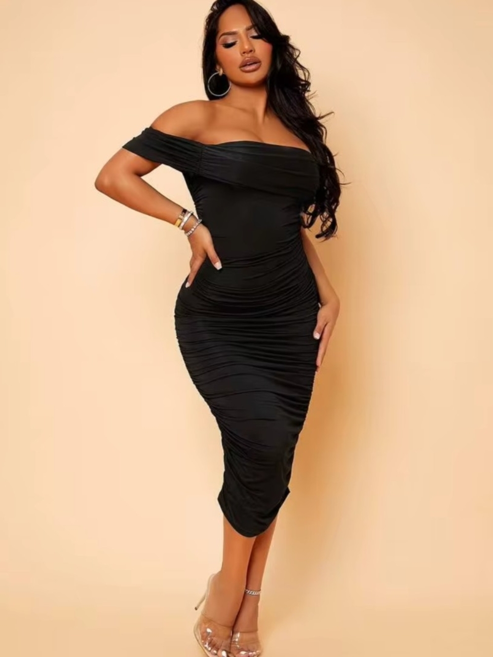 Shein Off-Shoulder Black Ruched Midi Dress Size S Twist Stretch Bodycon